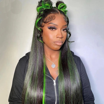 13x4 HD Highlight Green Straight Lace Frontal Wigs Ombre Human Hair Wigs Black and Green Highlight Long Straight Lace Front Wig