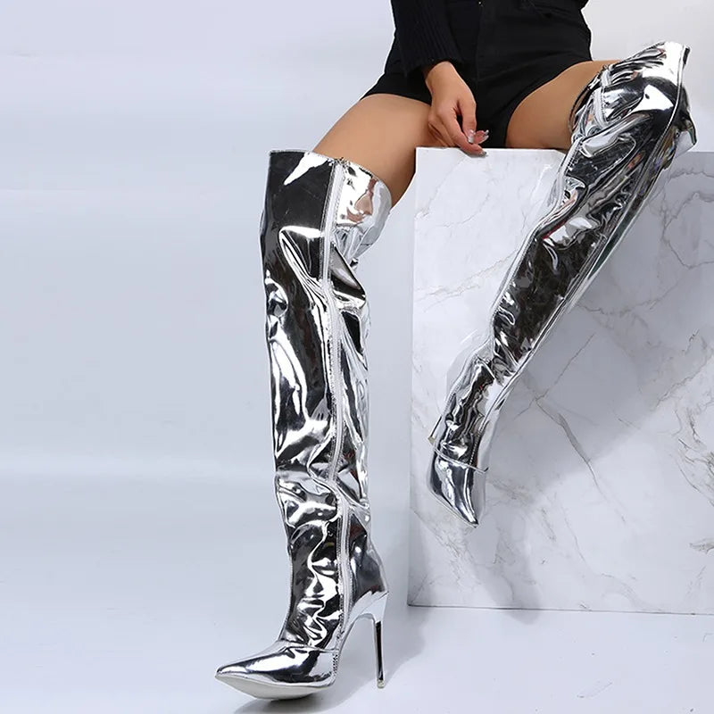 Women Boots Mirror Platform Pointy Toe  High Thin Heels Over The Knee Long Boots Autumn Winter Zip Silver Casual Party Shoes New - MAGUSTA BEAUTY