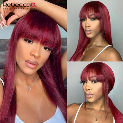 Wear to go 99J Wig Burg Red Bone Straight Human Hair Wig With Bangs For Women Brazilian Remy Hair Colored Halloween Cosplay Wigs