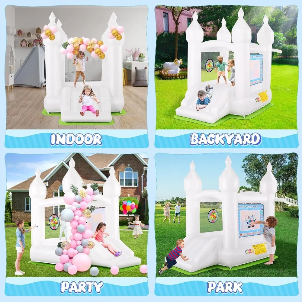 White Bouce House for Toddler, Kids Bounce House Bounce Castle with Water Canvas,Basketball,Bar Dart & 108 Balloons, Bouncy Hous