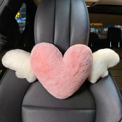 Pink Car Headrest Cushion Neck Pillow Heart Shape Plush Girly Cute Interior Car Seat Accessories For Women Car Decoration