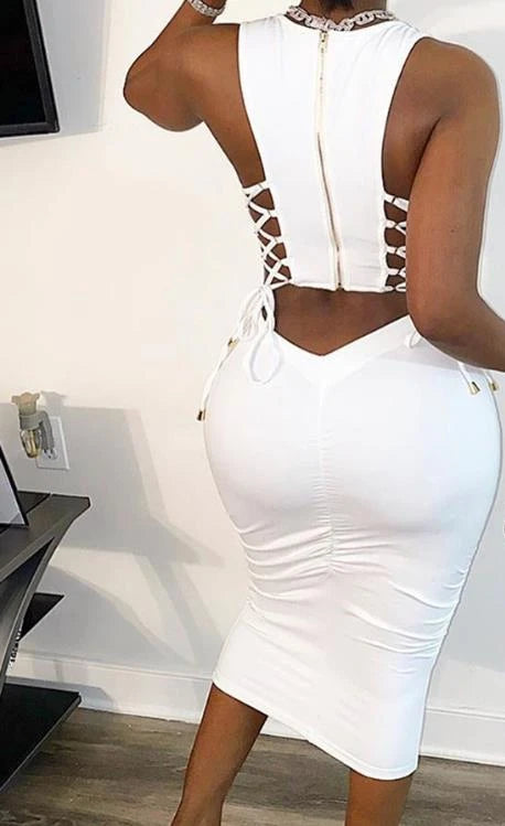 Women Sexy Cut Out Lace-Up White Dress 2023 Summer Ladies Elegant Fashion Female Zipper Design Sleeveless Midi Bodycon Dresses