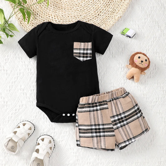 2pcs Baby Boys Casual Pocket Patched Short Sleeve Onesie & Plaid Shorts Set Clothes - MAGUSTA BEAUTY