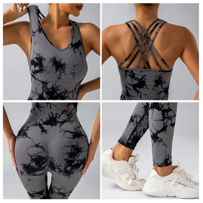 Tie-dye yoga jumpsuit, tuminel and hip lift, trousers, seamless breathable leggings, sports fitness wear women set yoga women