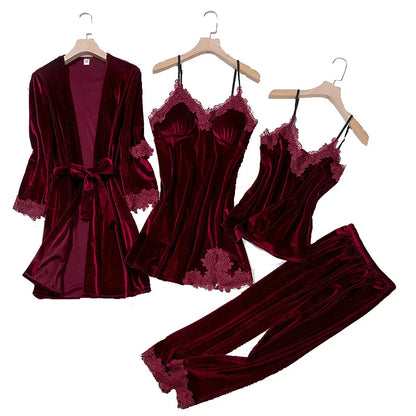 Velvet Four Piece Pajamas Set Autumn Female Sleepwear Lounge Wear Sexy Burgundy Lace Bathrobe Nightgown Loose Velour Homewear