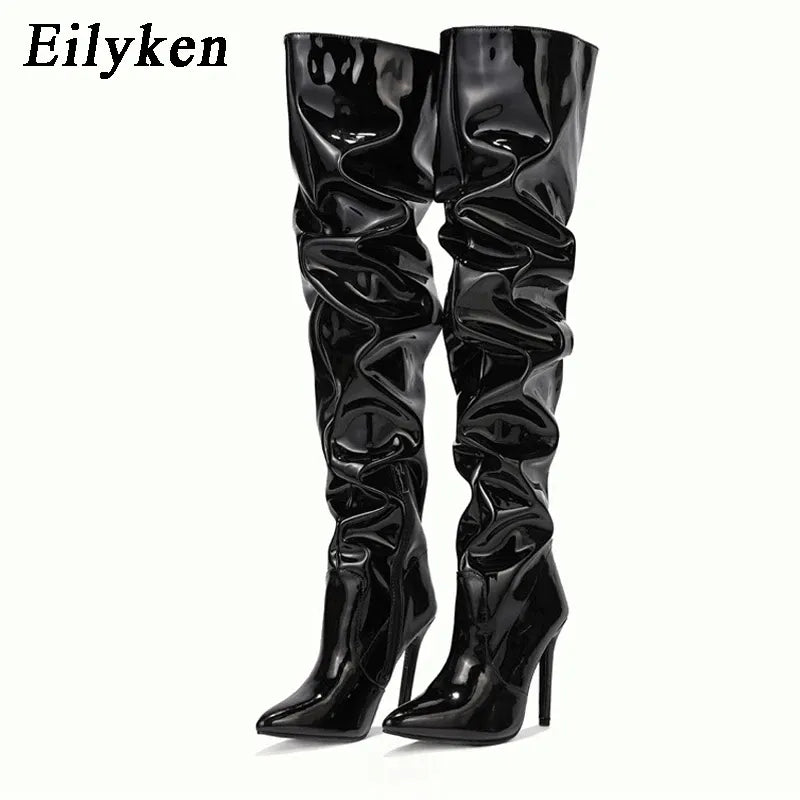 Eilyken Red Women Over The Knee Boots High Heels Patent Leather Solid Pointed Toe Stiletto Side Zipper Sapatos Femininos - MAGUSTA BEAUTY