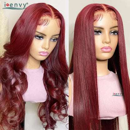 13X4 Hd Transparent Lace Front Wigs Burgundy Red Human Hair Wigs Pre Plucked 30 Inches Body Wave Lace Front Wigs For Women Curly