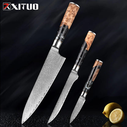 XITUO 1-9 PCS Damascus Steel Kitchen Knives High Quality Chef Chopping Vegetable Slicing Deboning Bread Knife Black Resin Handle