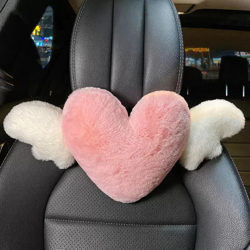 Pink Car Headrest Cushion Neck Pillow Heart Shape Plush Girly Cute Interior Car Seat Accessories For Women Car Decoration