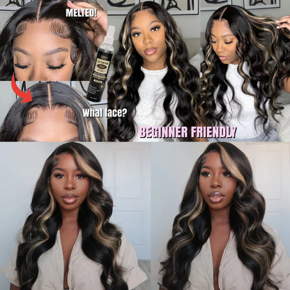 UNice Body Wave Highlight Wig Human Hair 13x4 Lace Frontal Wig Pre Cut Pre Bleached Knots 7x5 Lace Wig Wear Go Glueless Wig