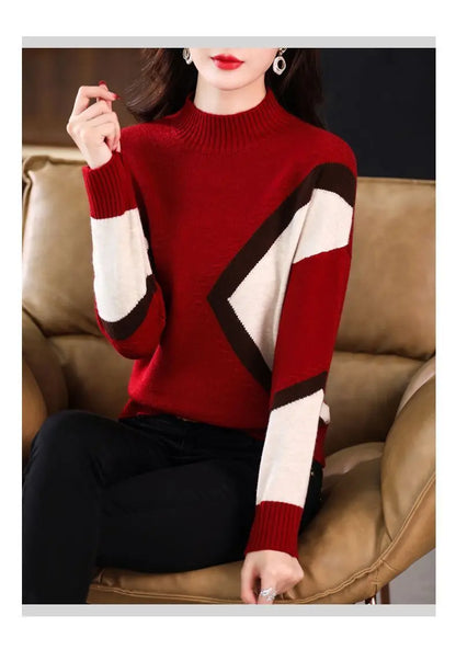 Velvet and Thickened Women's Top 2024 New Autumn/Winter Korean Edition Color Block Knitted Half High Neck Sweater