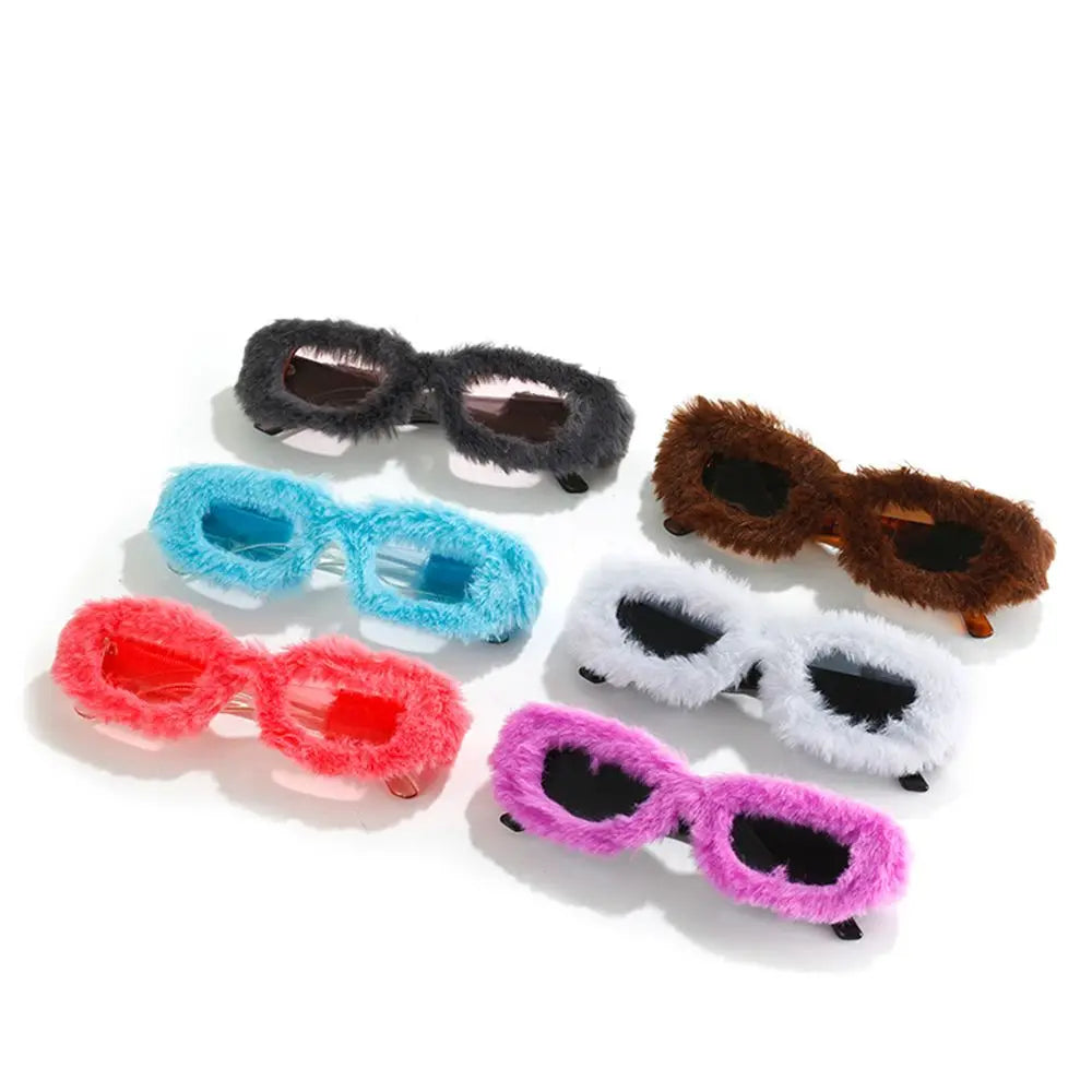 NEW Trendy Rectangle Sunglasses Women Punk Plush Sun Glasses Ladies UV400 Shades Fashion Funny Decor Eyewear