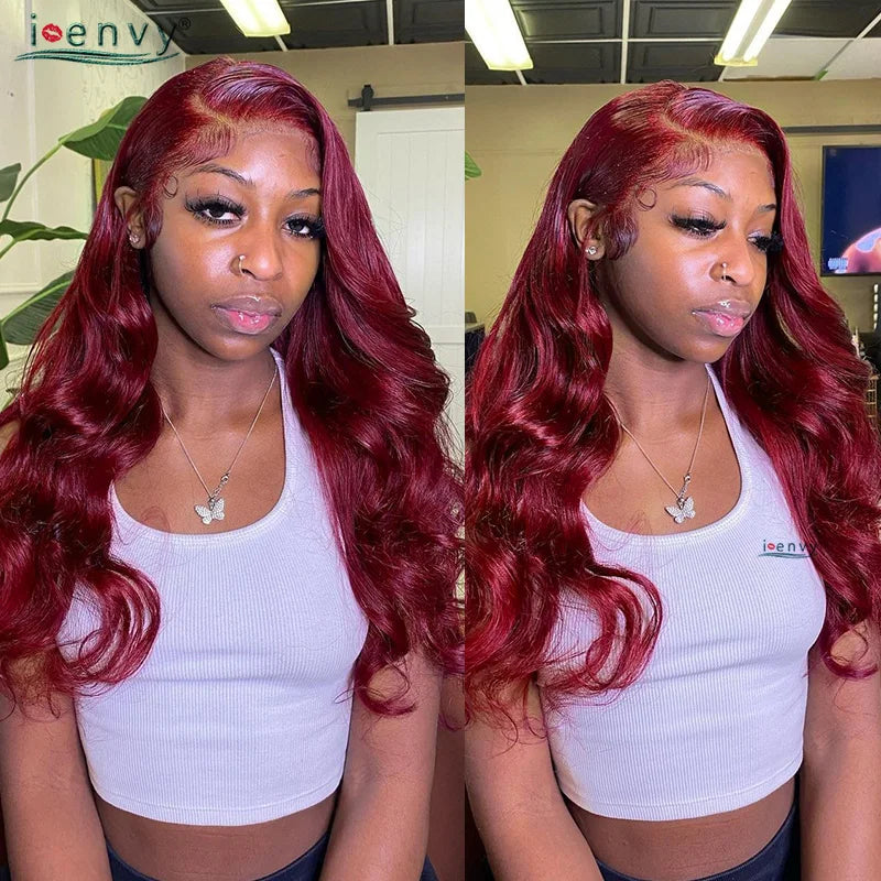 13X4 Hd Transparent Lace Front Wigs Burgundy Red Human Hair Wigs Pre Plucked 30 Inches Body Wave Lace Front Wigs For Women Curly