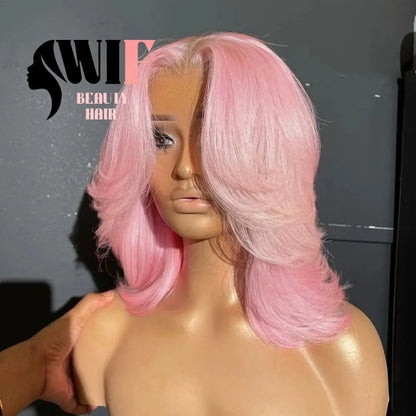 WIF Pink Bob Lace Wig Body Wave Short Bob Pink Hair Heat Synthetic Lace Front Wig Women Cosplay Use Purple Bob Hair