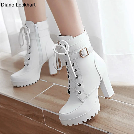 Shoes Women Motorcycle Boots Autumn Winter Ladies Boot 2024 Stylish Lady Ankle Boots High Heel Platforms Sexy Botas Buckle White