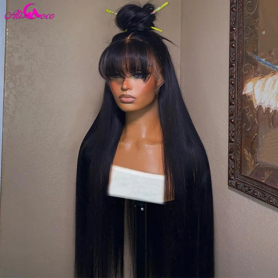 13x4 Straight Lace Front Wig With Bang Natural Color Transparent Lace Frontal Wigs Human Hair Wig With Bangs For Women Remy Wig