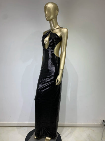 Women Summer Luxury Sexy Backless Halter Black Mesh Sequins Maxi Long Gowns Dress Elegant Celebrity Evening Party Club Dress