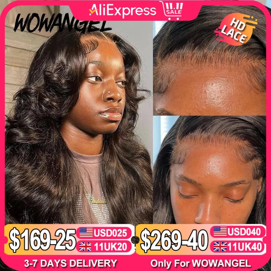 Wow Angel 250% 13x6 HD Lace Front Wig Swiss Lace Melt Skin Pre Plucked Natural Scalp Body Wave Human Hair Wig For Woman Glueless