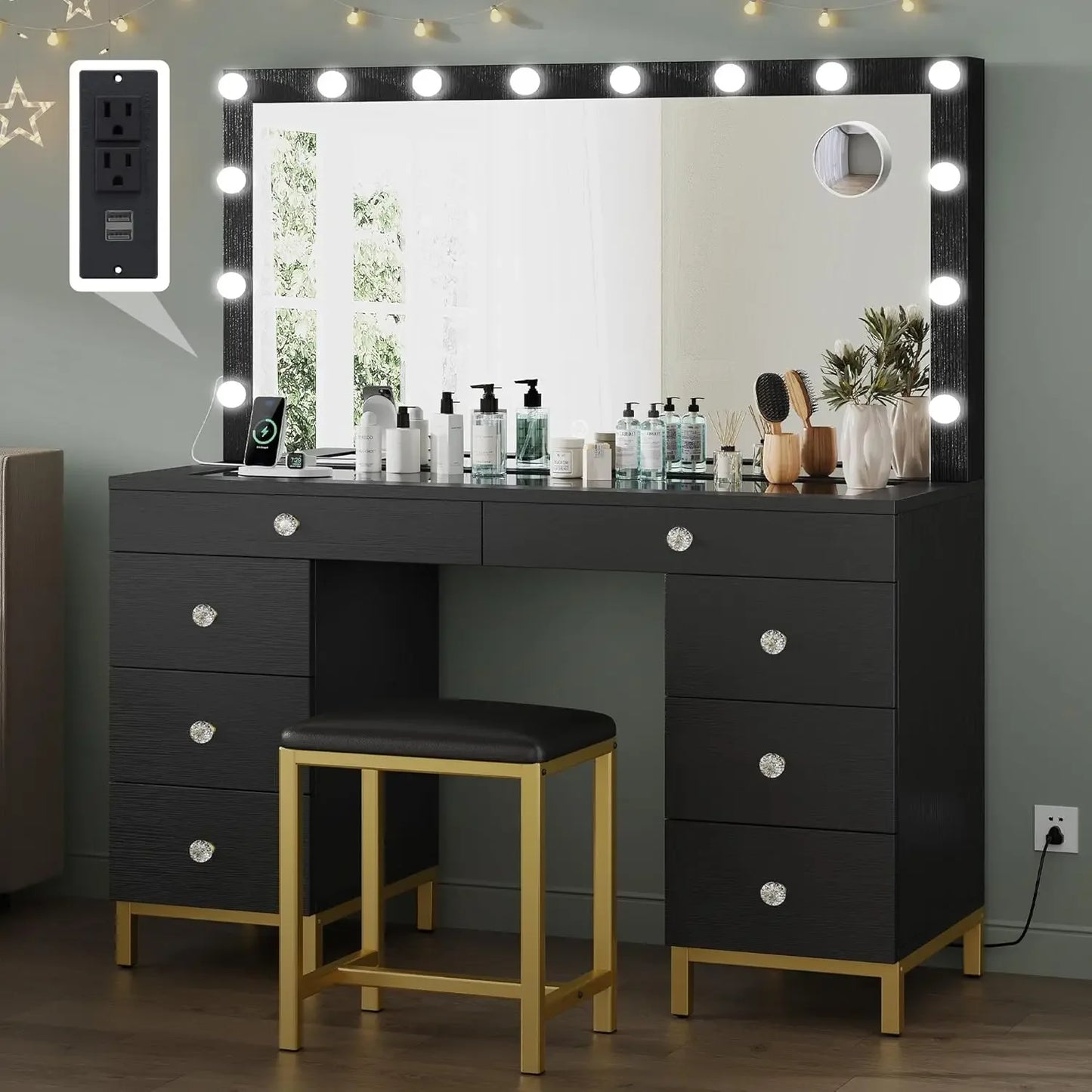 The Dressing Table Comes with A Mirror, Power Sockets, and 14 Lights. It Has 8 Drawers and 3 Lighting Colors