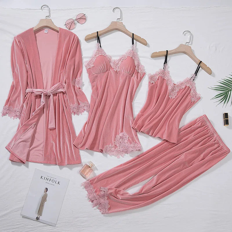 Velvet Four Piece Pajamas Set Autumn Female Sleepwear Lounge Wear Sexy Burgundy Lace Bathrobe Nightgown Loose Velour Homewear