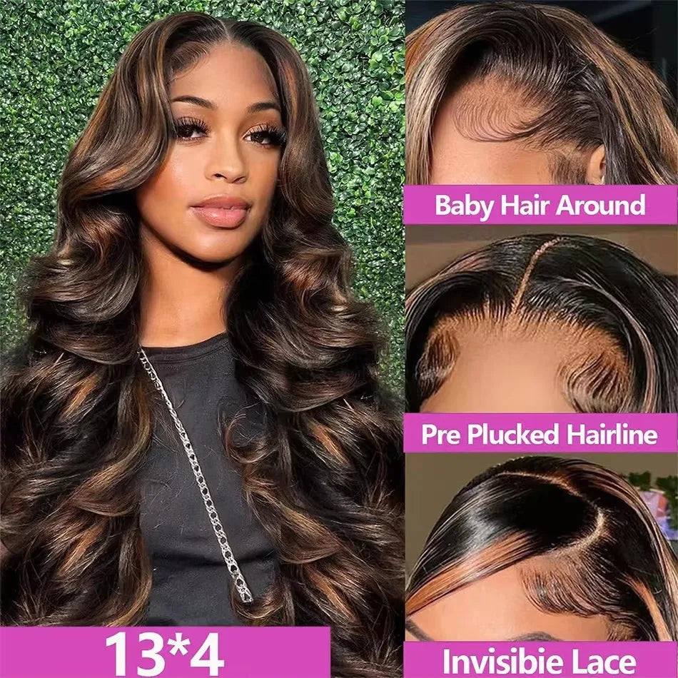 Wigirl 1B/30 Black Brown Body Wave Wigs 13x6 HD Lace Frontal Wigs Ombre Highlight 13x4 HD Lace Front Wig Human Hair For Women