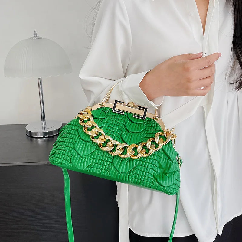 2023 Luxury Women Pink Green Pleat Shoulder Bags Gold Thick Chain Messenger Bags Totes PU Leather Handbags Lady Evening Clutch