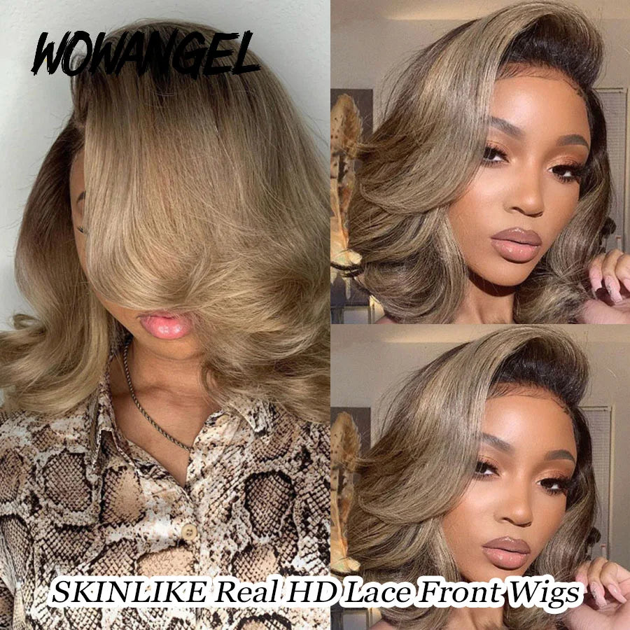 13X4 HD Lace Front Wigs Short Bob Wigs Ash Blonde Lace Front Wigs Dark Roots Colored Wig Wavy Body Wave Human Hair Wig For Woman