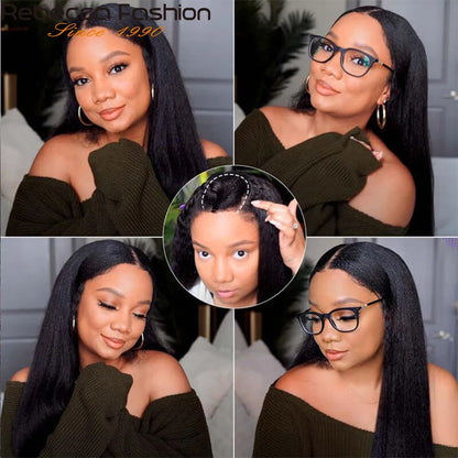 Yaki Straight U Part Wigs for Black Women Kinky Straight U Part Wig Human Hair Short Black Brown U Part Wig Kinky Straight Clip