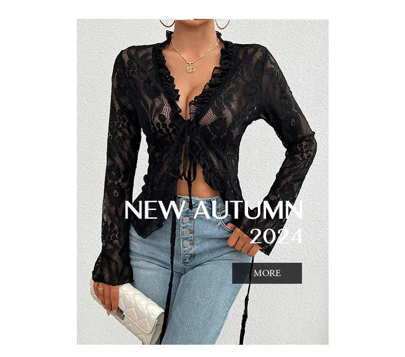 Women's Summer Long Sleeve Lace See-through Sexy Blouse,Shirts & Blouses,Women Clothing,Womens Tops And Blouses,Tops For Women