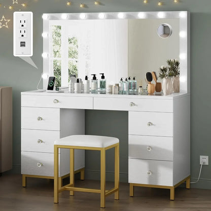 The Dressing Table Comes with A Mirror, Power Sockets, and 14 Lights. It Has 8 Drawers and 3 Lighting Colors