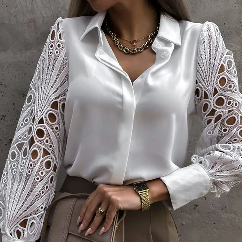 White Sexy Lace Hollow Out Women Blouse Autumn 2023 Spring Black Top Vintage Button Up Shirts Long Sleeve Mesh Design Tops 19948