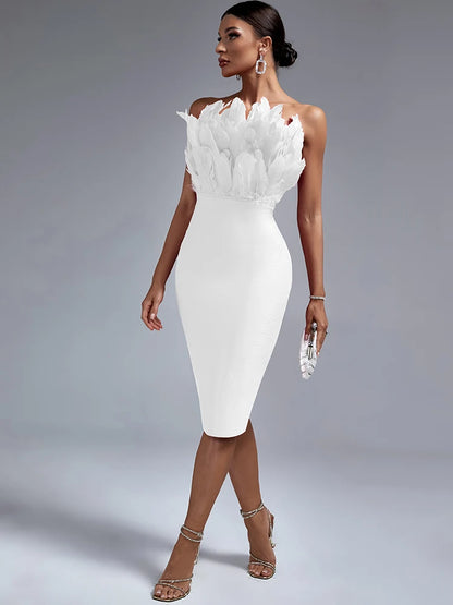 White Bandage Dress Women Feather Party Dress Bodycon Elegant Midi Sexy Strapless Evening Birthday Club Outfits Summer 2023