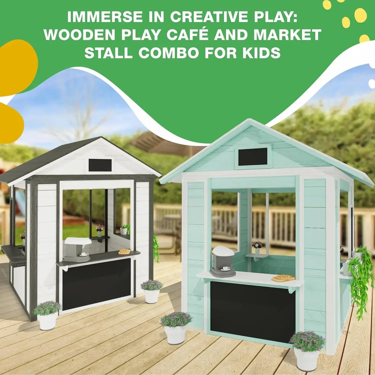 Wooden Outdoor Playhouse, Indoor/Outdoor Playhouse Working Doors with Wooden Floor, Easy Assembly Playhouses