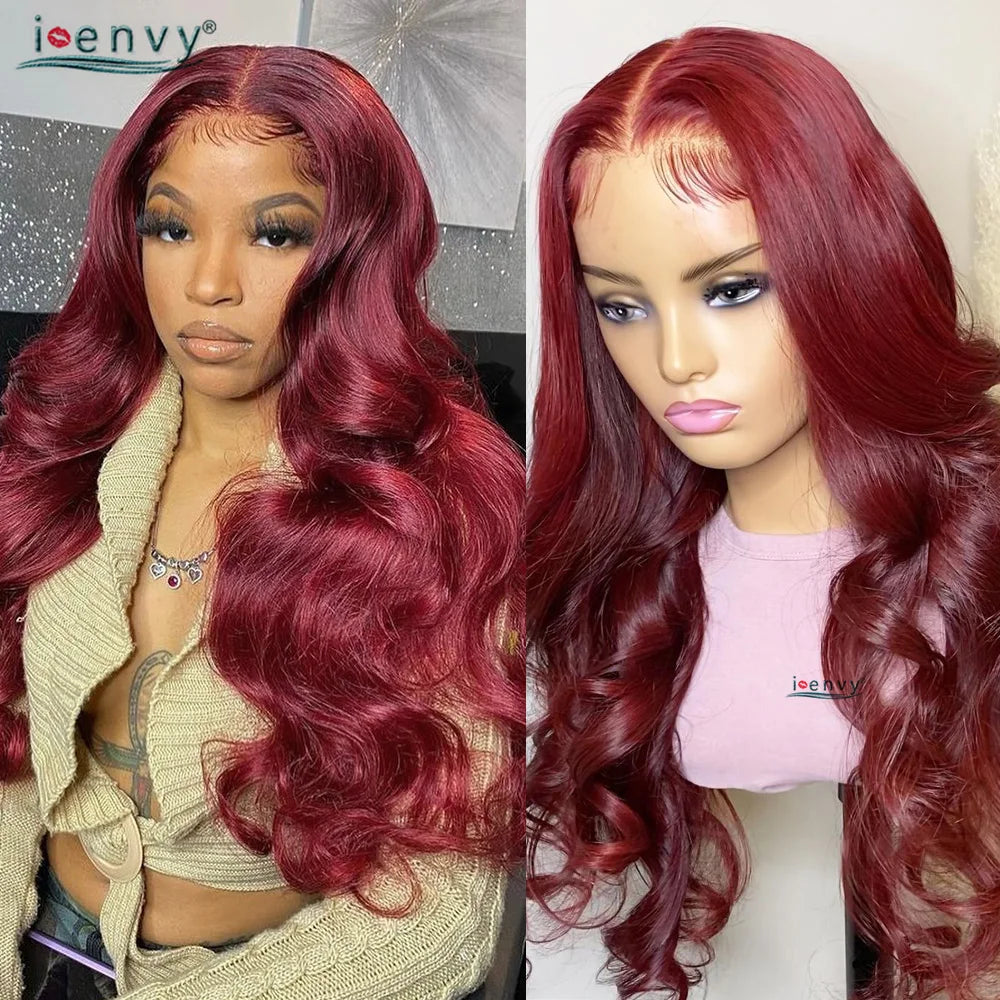 13X4 Hd Transparent Lace Front Wigs Burgundy Red Human Hair Wigs Pre Plucked 30 Inches Body Wave Lace Front Wigs For Women Curly