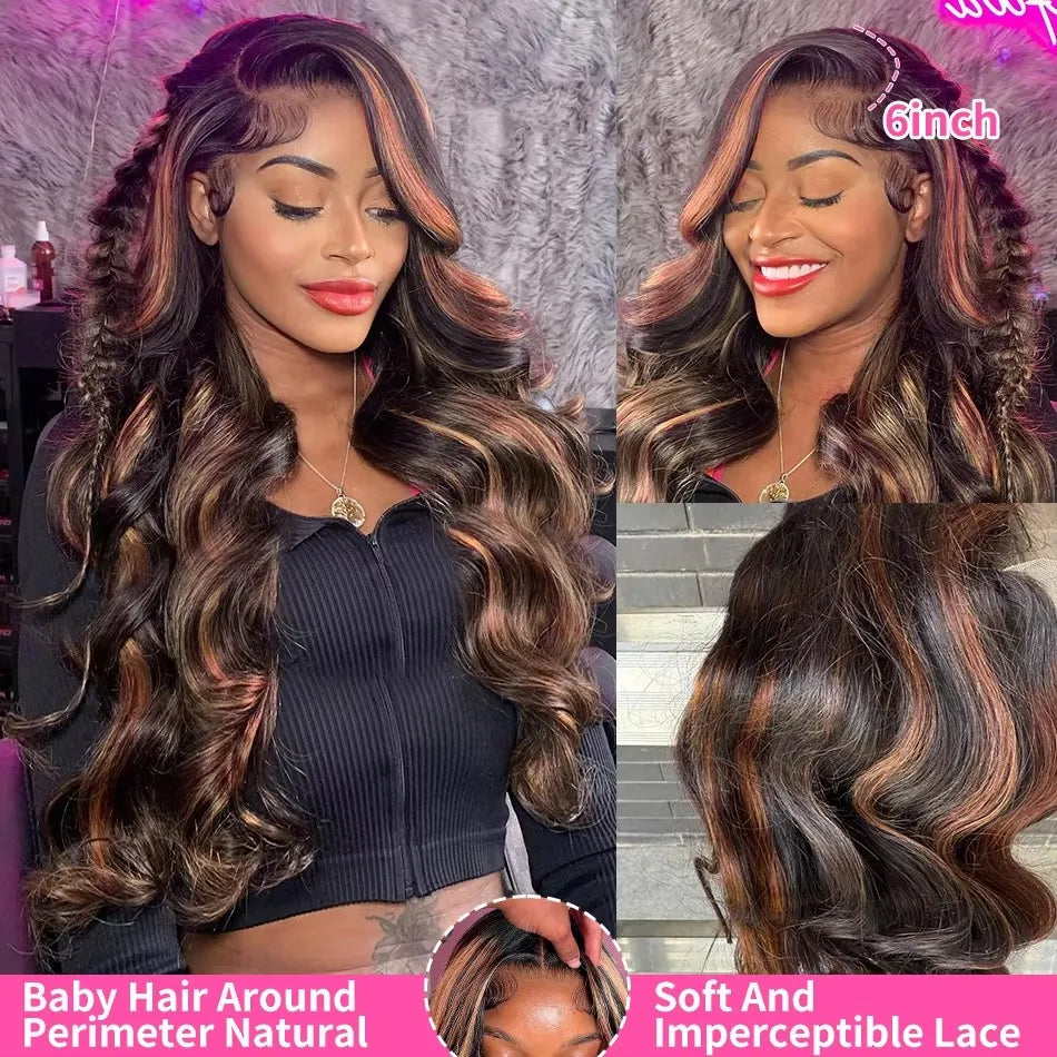 Wigirl 1B/30 Black Brown Body Wave Wigs 13x6 HD Lace Frontal Wigs Ombre Highlight 13x4 HD Lace Front Wig Human Hair For Women