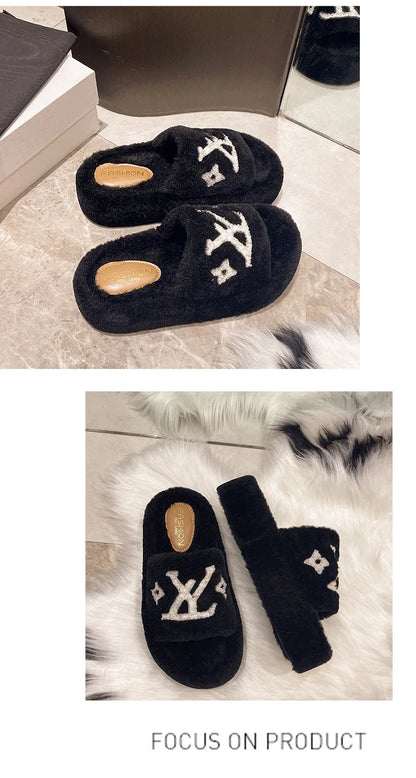 women's slippers solid color fluffy slippers women's winter fashion New women's shoes  thickened warm floor cotton slippers