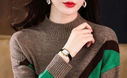 Velvet and Thickened Women's Top 2024 New Autumn/Winter Korean Edition Color Block Knitted Half High Neck Sweater