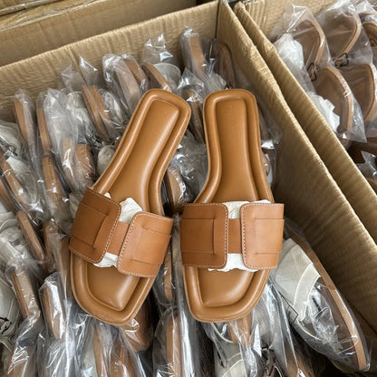 Women Fashion Slippers Summer Outdoors Beach Slippers Soft Flats Home slippers Female Luxury Leather Sandals Casual Slides Shoes