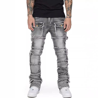 Trendy Men Jeans, European and American Fashionable Workwear with Patch, Elastic, Laminated and Slightly Flared Men Denim Pants.