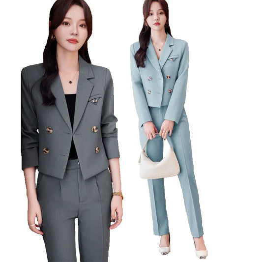 Solid Suits for Women 2024 Spring Fashion Office Ladies Long Sleeve Double Breasted Short Tops Chic Slim High Waisted Pant Suits