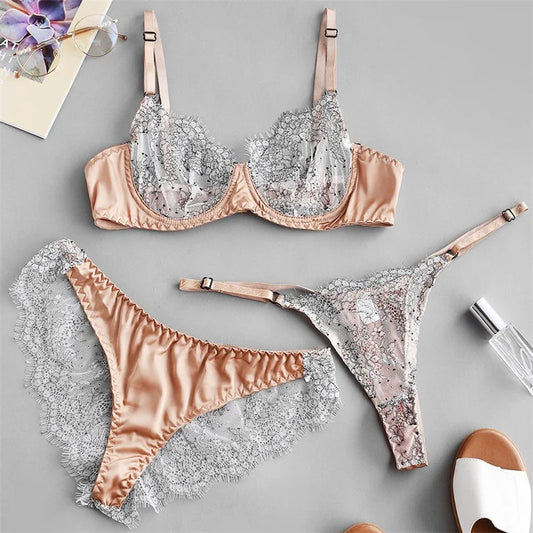 Women's Eyelashes Lace Stitching Sexy Underwear Underwire Bra and Panties Three-piece Thin Mesh See-Through Erotic Lingerie Set