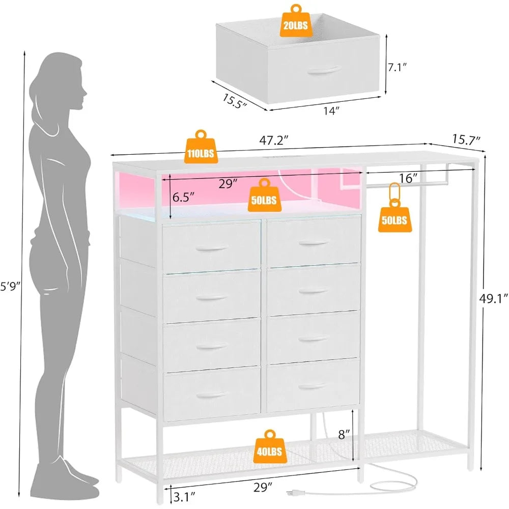 White Dresser for Bedroom with 8 Drawers,Bedroom Dresser with Hanging Rack,Clothes Dresser with Led Lights,with Charging Station