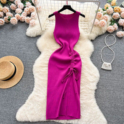 YuooMuoo Fashion Summer Bodycon Knitted Dress Sexy Package Hips Drawstring Split Black Women Dress Basic Lady Party Vestidos