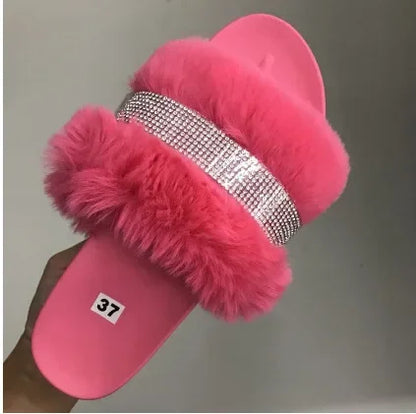 Women Fur Rhinestone Slippers Platform Wedges Without Heel Fluffy Furry Slides Flat Flip Flops Shoes Ladies Shiny Bling