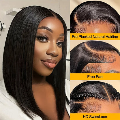 100% Vietname Super Double Drawn Bone Straight 13x4 Frontal Bob Wig with Human Hair Natural Black 210% Density For Black Women