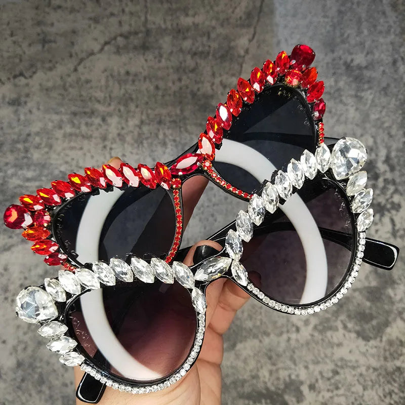 Cat Eyes Red White Diamond Women's Sunglasses Luxury Brand Designer Crystal Sunglasses For Ladies Lentes De Sol Hombre