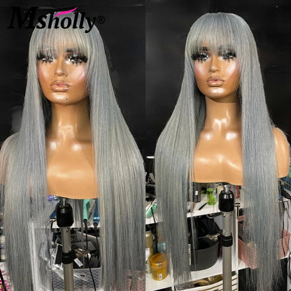 13x4 Grey Bone Straight Human Hair Wigs For Women 13x4 Transparent Lace Frontal Wig With Bangs Brazilian Gray Colored Remy Wigs