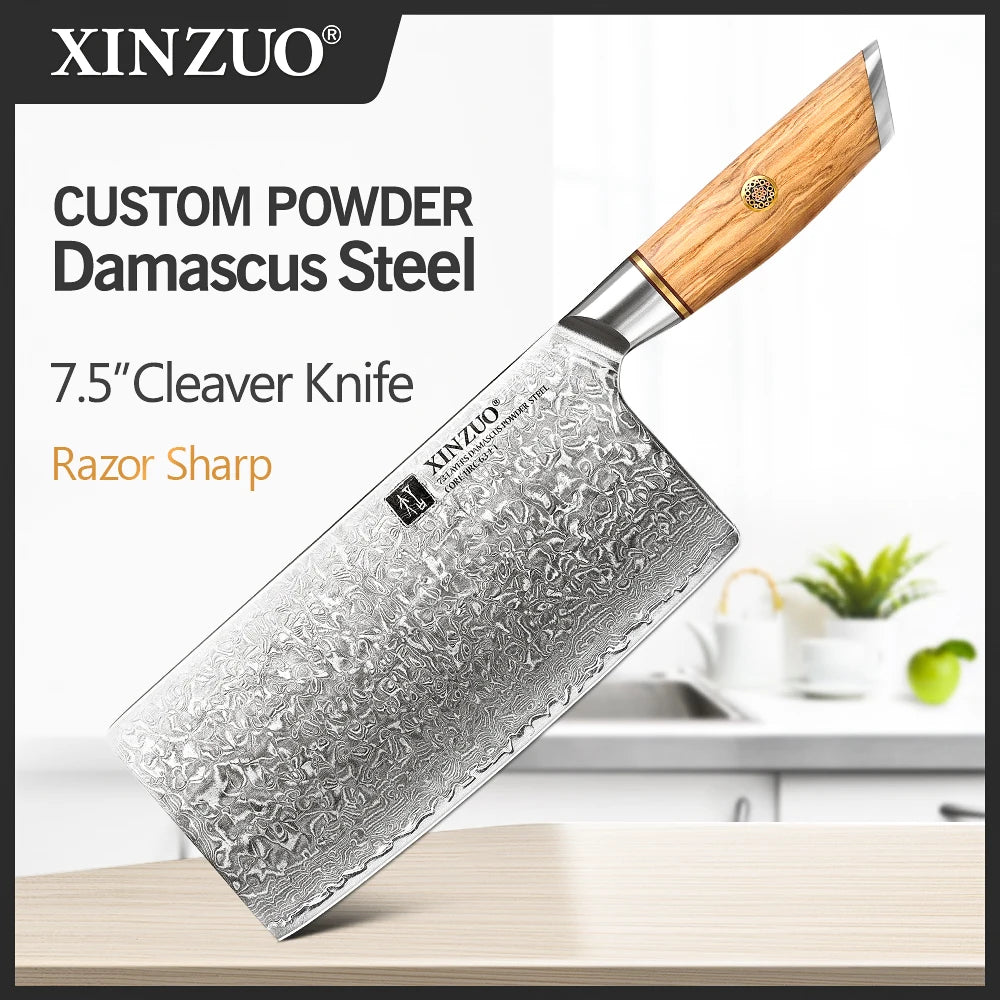 XINZUO 1-8pcs Kitchen Knife Set 73 Layers Custom Damascus Steel 15°±1 Per Side Steel Blade with Olive Wood Handle