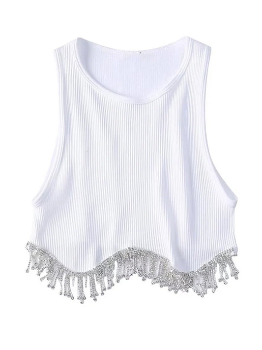 High Street Sexy Hem Tassel Diamond Beading Knitting T Shirt Chic Short Camis Tank Lady Slim Crop Vest Tops