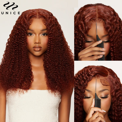 UNice Hair 200% Density Reddish Brown Curly Wig 7x5 Pre Cut Pre Bleached Glueless Wig Human Hair Ready To Wear